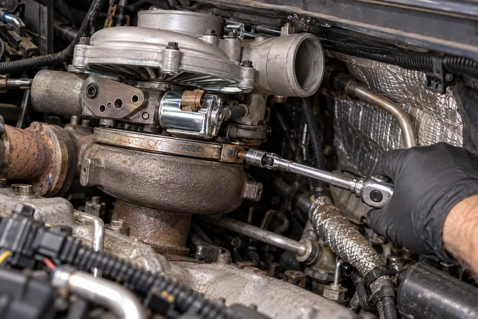 How to Remove a Turbocharger on a Ford 6.0L Powerstroke: Step-by-Step 1 A mechanic loosens the GT3782VA downpipe V-band clamp with a socket extension in a 6.0L engine bay.