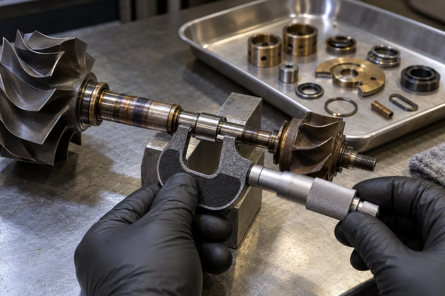 New Turbocharger vs Rebuilt vs Remanufactured: What Is the Actual Difference? 1 A micrometer checks a turbine shaft from a disassembled 6.4L Powerstroke high-pressure turbo