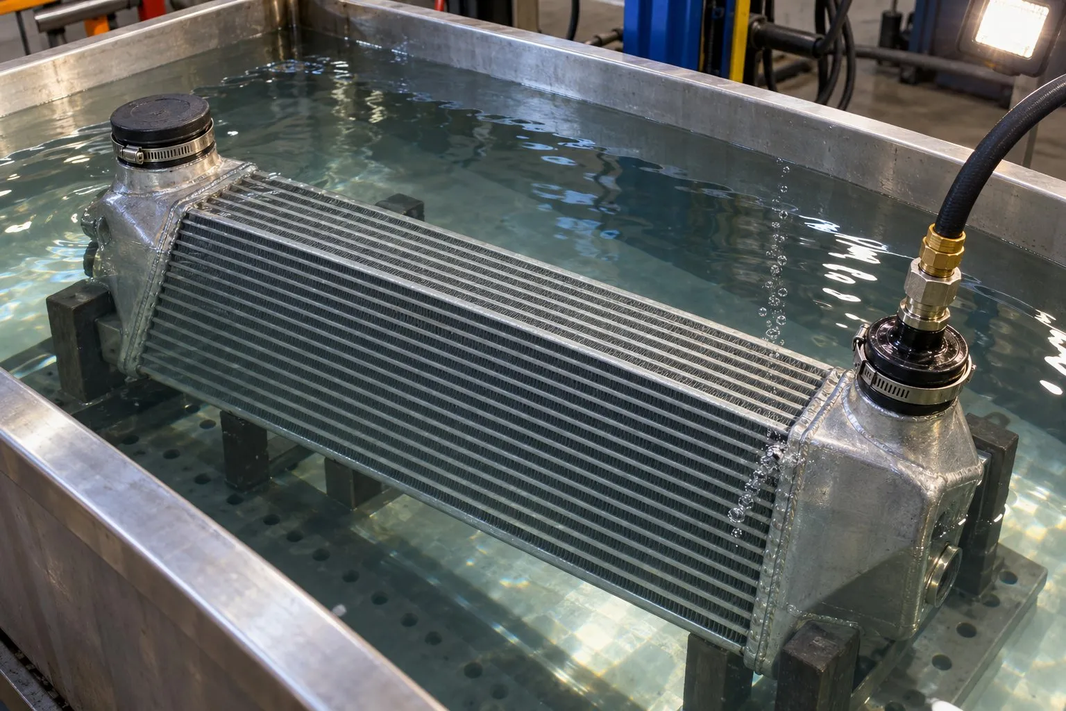 How to Pressure Test Your Intercooler and Find Boost Leaks 2 A removed diesel truck intercooler releases bubbles from a leaking core during a submerged pressure test.