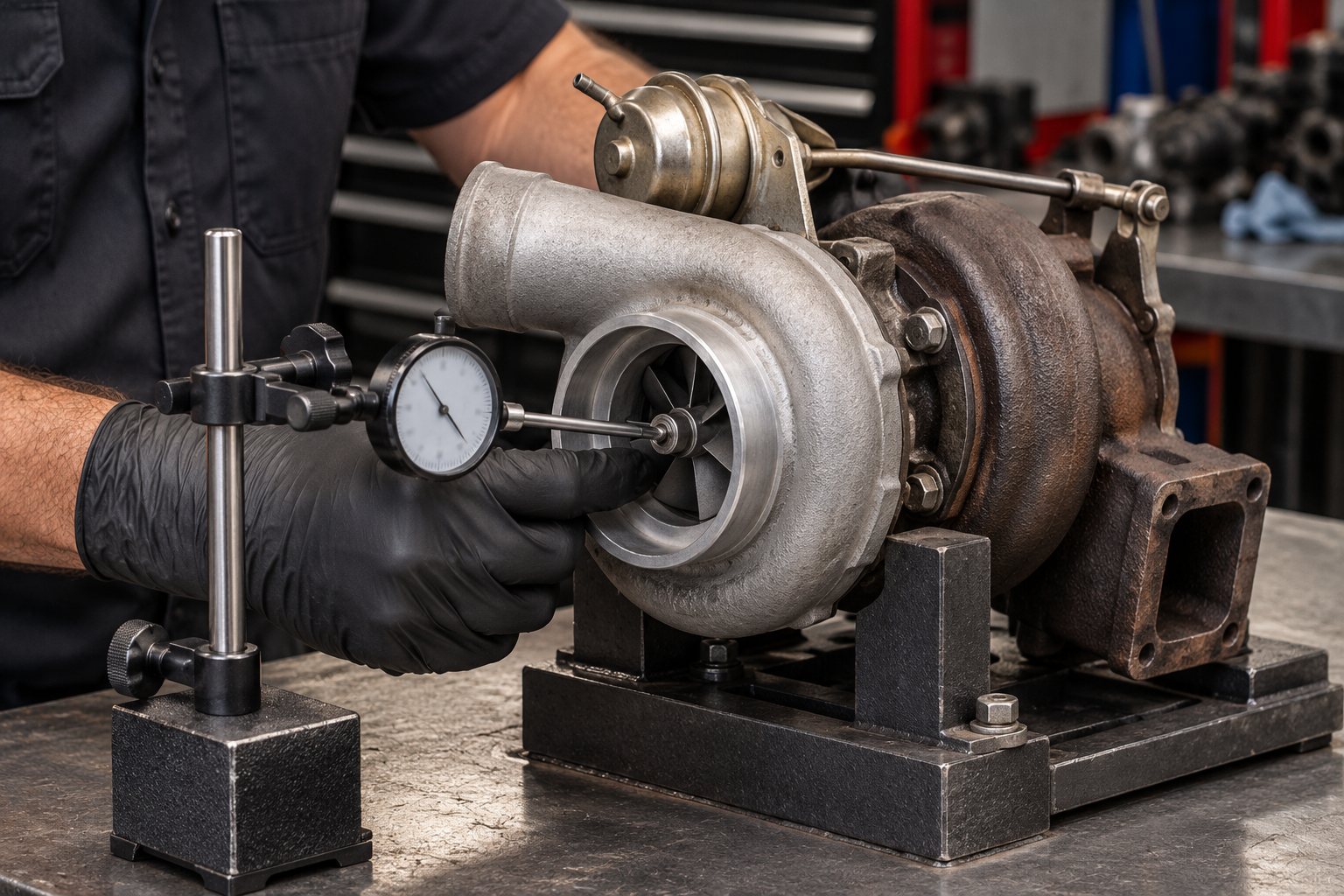 Remanufactured vs Rebuilt Turbocharger: Real Cost Difference Explained 3 A technician checks axial shaft movement on an HX35W turbo with a dial indicator in a rebuild shop