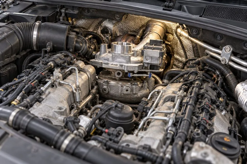 Audi 3.0L TDI Turbocharger Guide: A6, A7, A8, Q5 & Q7 Replacement 2 Audi Q7 3.0 TDI engine bay with the rear-mounted turbocharger exposed for replacement