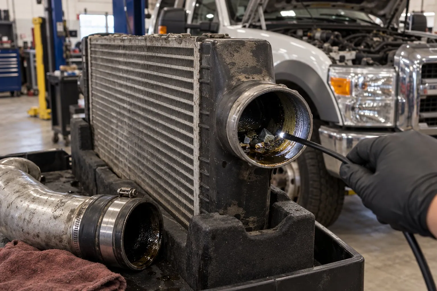 Turbocharger Failed on a Fresh Engine Rebuild: The Most Common Reasons Why 3 Borescope inspection of a removed 6.4L Power Stroke intercooler outlet containing oil and aluminum debris