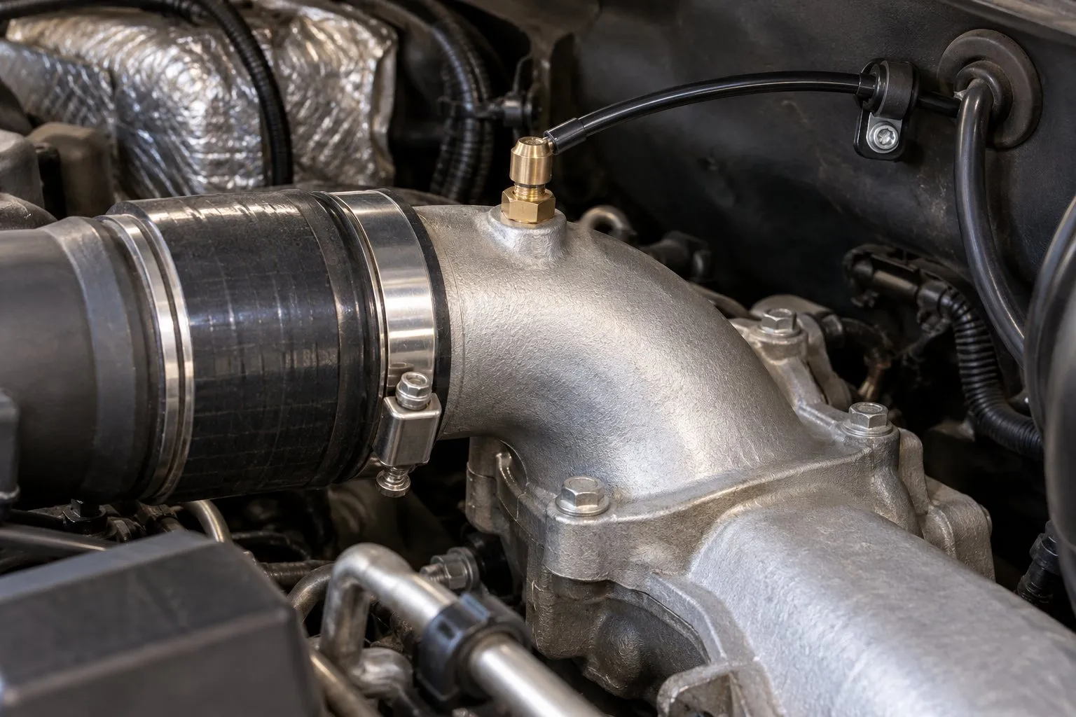 How to Install and Read a Boost Gauge on a Diesel Truck 1 Brass boost-gauge fitting and nylon pressure line installed in a diesel intake elbow