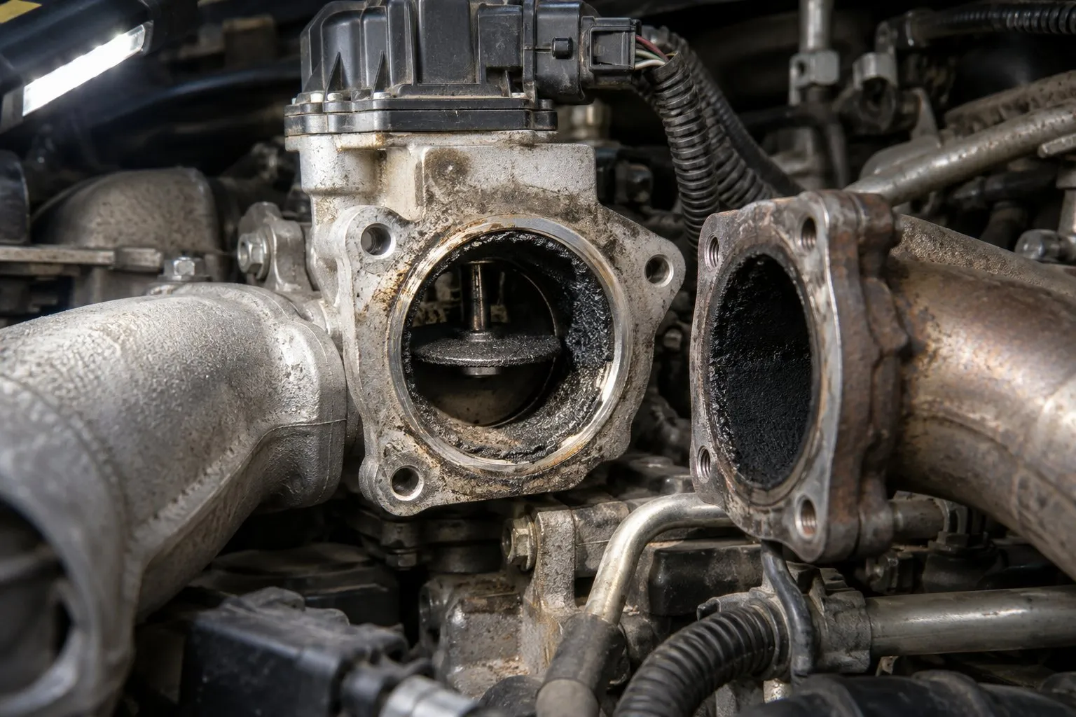 How a Failed EGR Kills Your Turbocharger: Symptoms & What to Replace First 2 Carbon deposits around the EGR valve seat on a 6.7L Cummins during an intake-side inspection