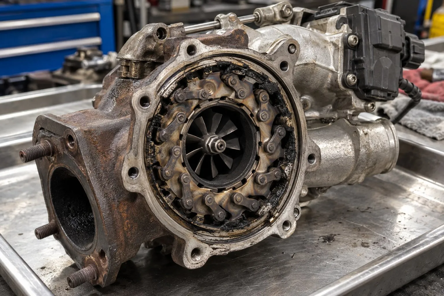 Toyota 1KD-FTV 3.0L Turbocharger Guide: Hilux, Land Cruiser & Prado Applications 1 Carbon deposits around the exposed CT16V variable-nozzle vanes during a Hilux turbo rebuild