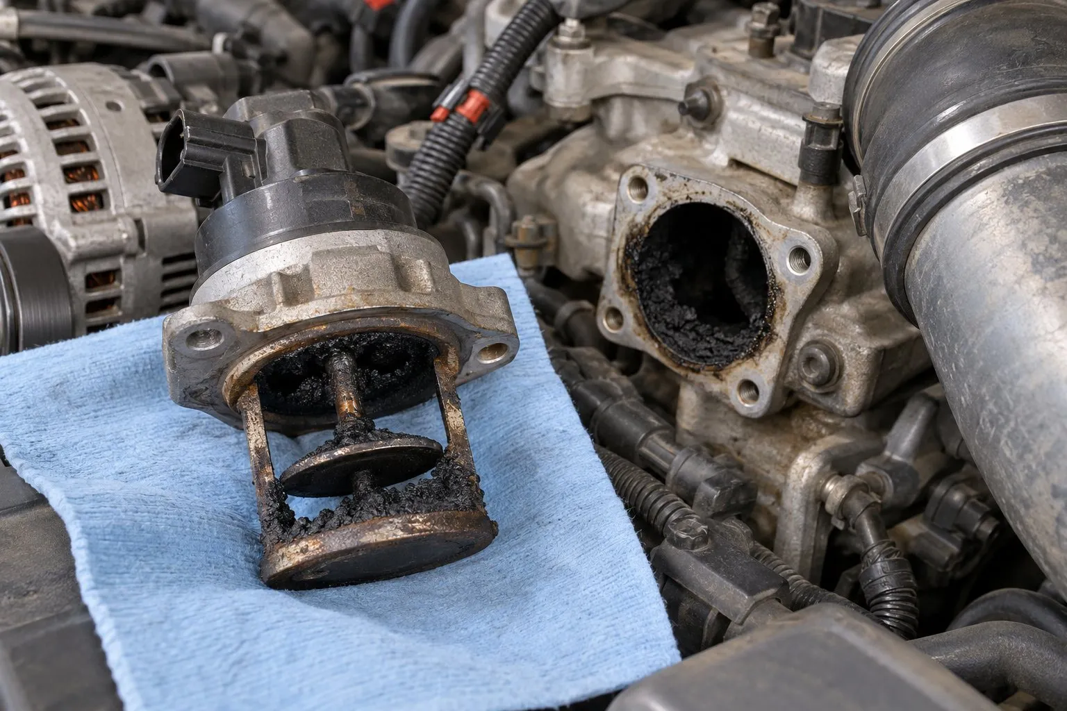P0401 EGR Insufficient Flow: How It Leads to Turbocharger Damage if Ignored 3 Carbon deposits on a removed 6.0L Power Stroke EGR valve beside its intake manifold opening