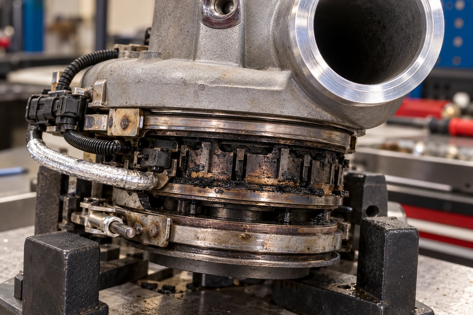 6.7L Cummins Turbocharger Replacement Cost: New vs Reman vs Rebuild in 2024 3 Carbon deposits on the exposed sliding-nozzle mechanism of a disassembled HE351VE turbo