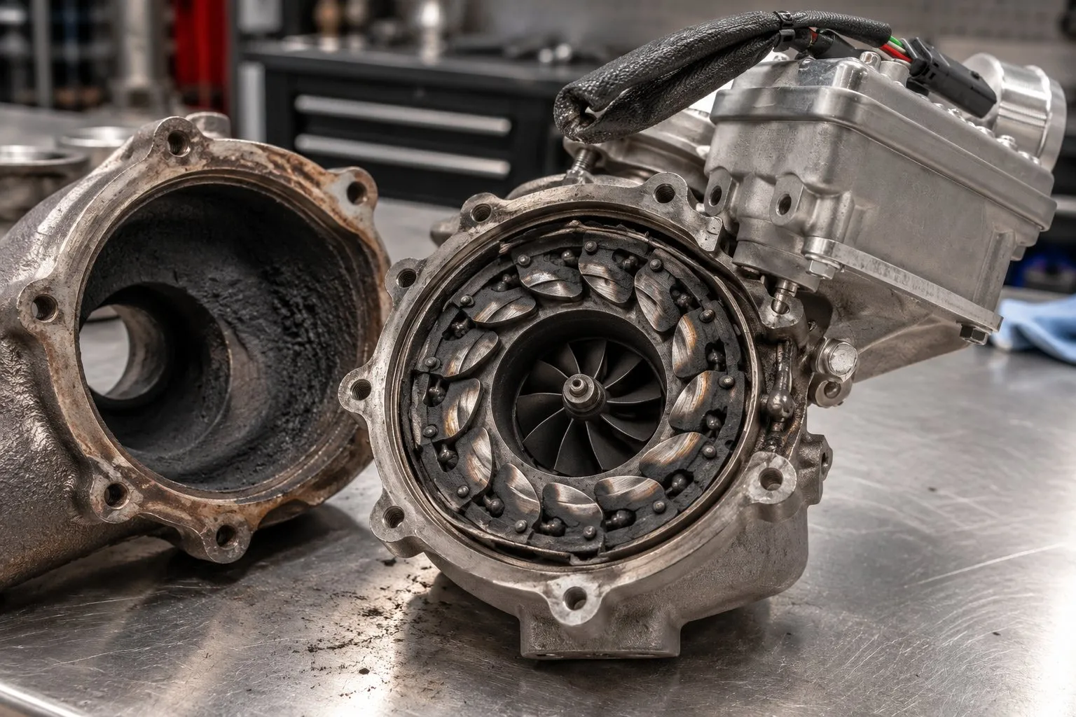 P132B on 6.4L Powerstroke: High-Pressure Turbo Actuator Failure Guide 1 Carbon deposits on the exposed vane mechanism of a disassembled 6.4L B2V high-pressure turbo