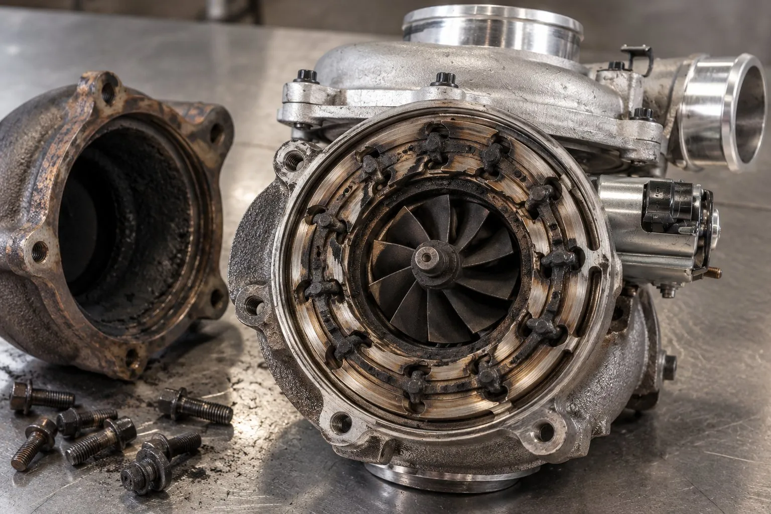 Garrett GT3788VA Turbocharger: Duramax LML Variable Geometry Guide 1 Carbon deposits on the exposed vane mechanism of a disassembled LML GT3788VA turbo