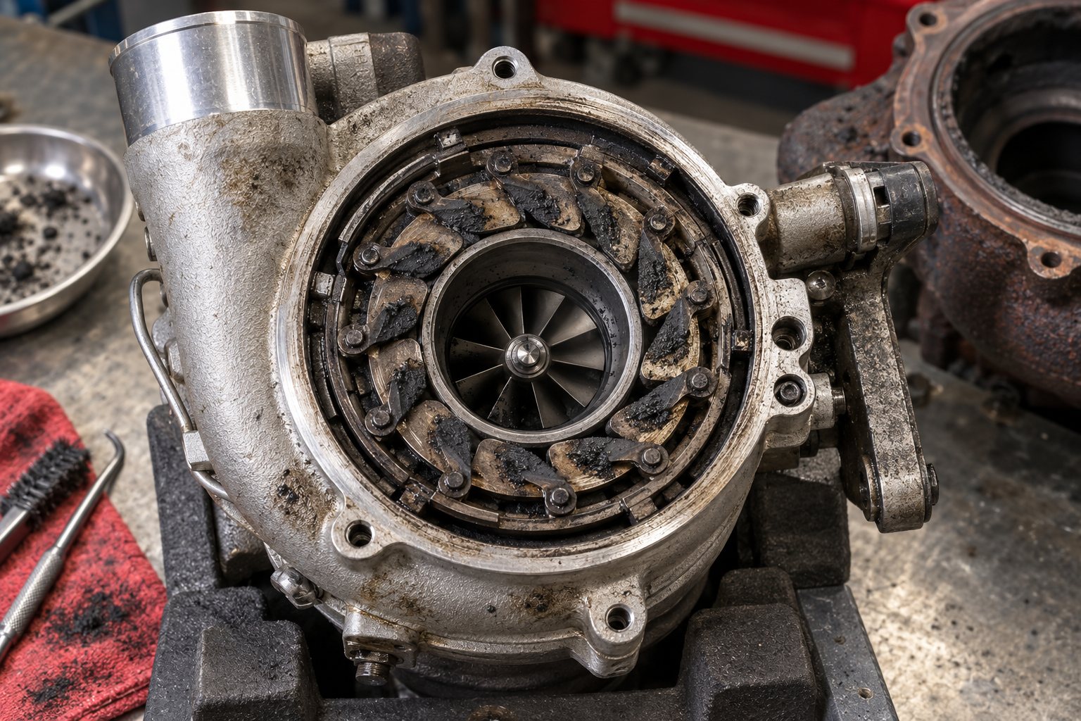 Duramax Turbocharger Replacement Cost: LBZ, LMM & LML Price Comparison 3 Carbon deposits on the exposed vane mechanism of an opened LBZ Duramax GT3788VA turbo