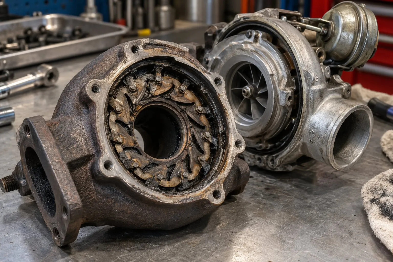 Nissan ZD30 3.0L Diesel Turbocharger Guide: Patrol & Navara D22 Common Failures 1 Carbon-fouled GT2052V variable-nozzle mechanism exposed during a Patrol ZD30 turbo rebuild