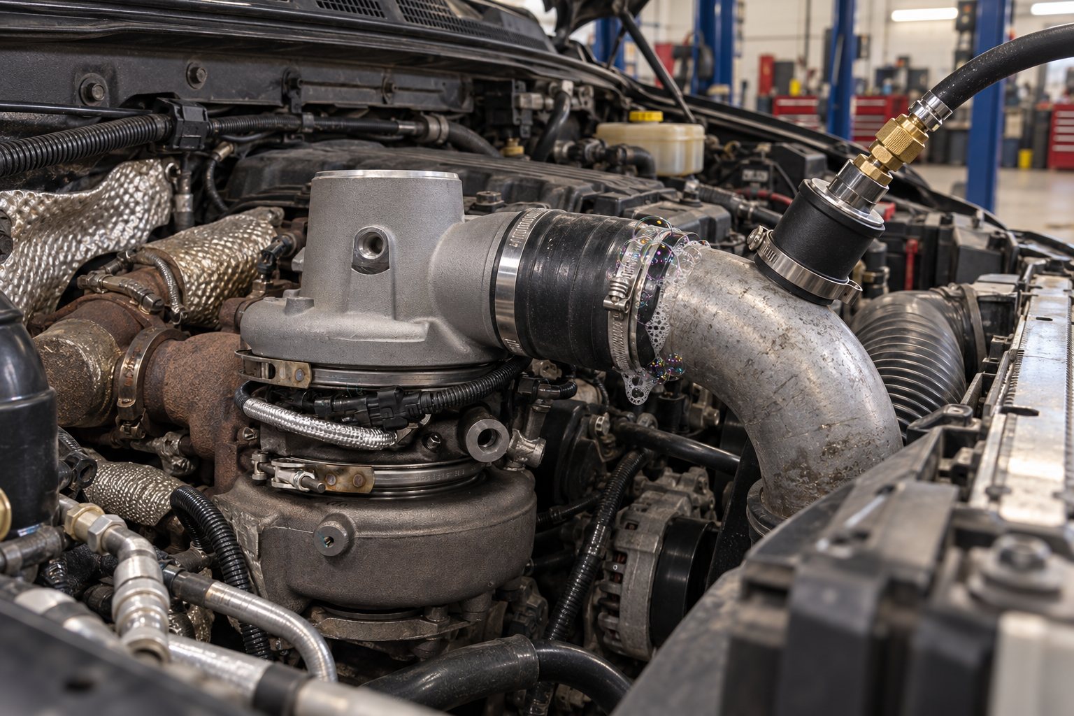 P0299 on 6.7L Cummins: HE300VG vs HE351VE Turbo Diagnosis Guide 3 Charge-air leak test beside the installed HE351VE turbo in a 2012 Ram 2500 6.7L Cummins engine bay.