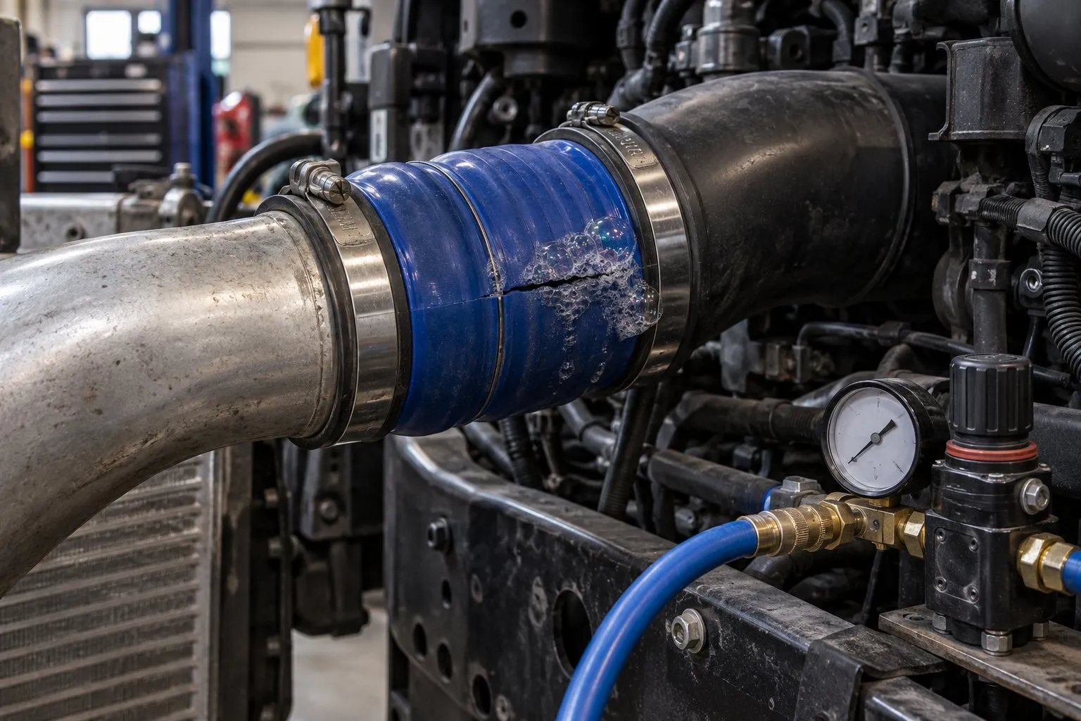 How to Install and Read a Boost Gauge on a Diesel Truck 2 Charge-air pressure test revealing bubbles along a split diesel intercooler boot