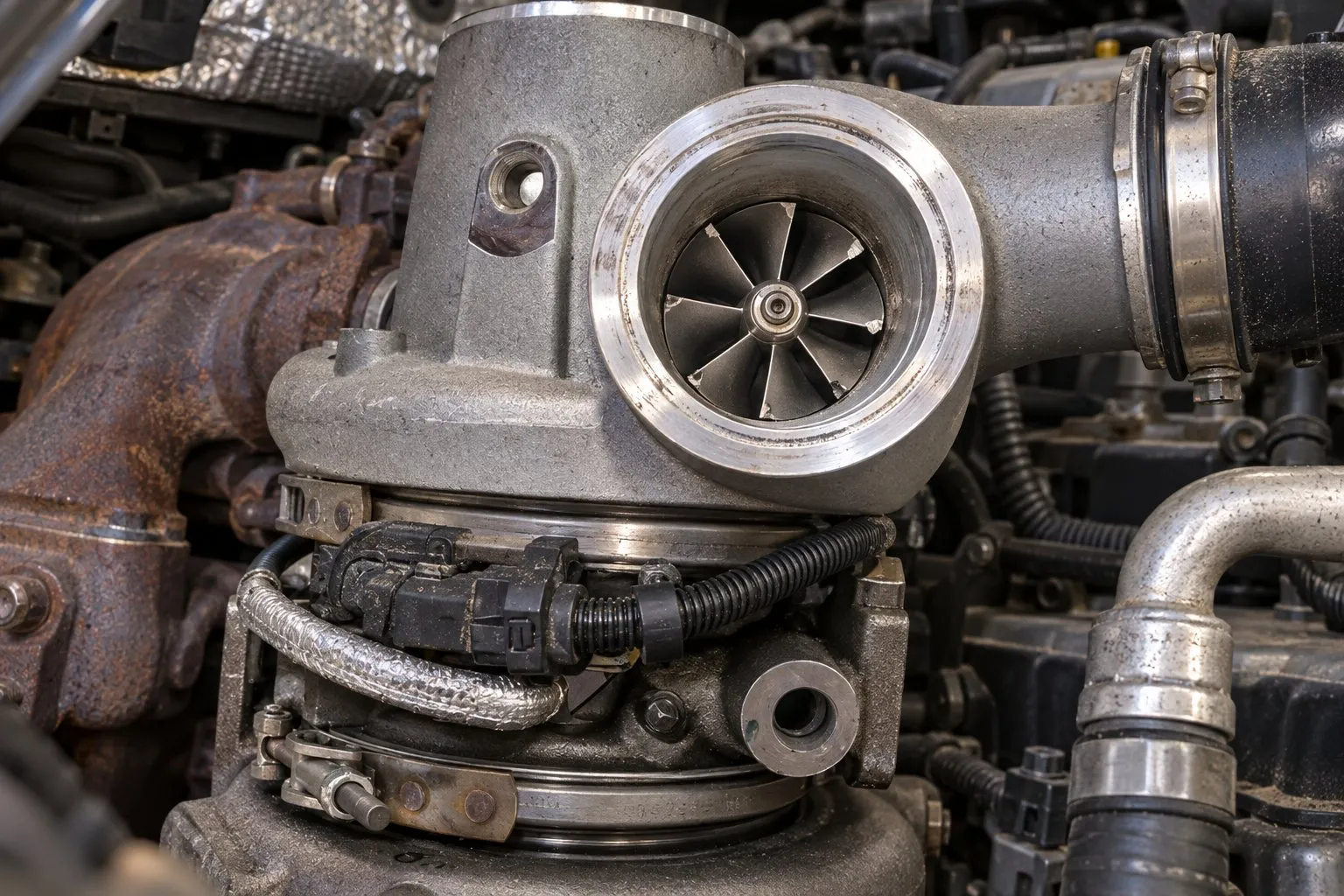 Low Boost Pressure on a Diesel: Diagnosing Every Possible Cause 2 Chipped compressor blades and housing rub marks on an installed HE351VE with its intake duct removed