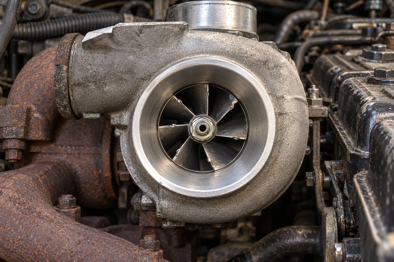 Holset H1C Turbocharger: Classic 5.9L Cummins Specs & Replacement Guide 1 Chipped H1C compressor blades visible through the disconnected inlet on a Cummins 6BT