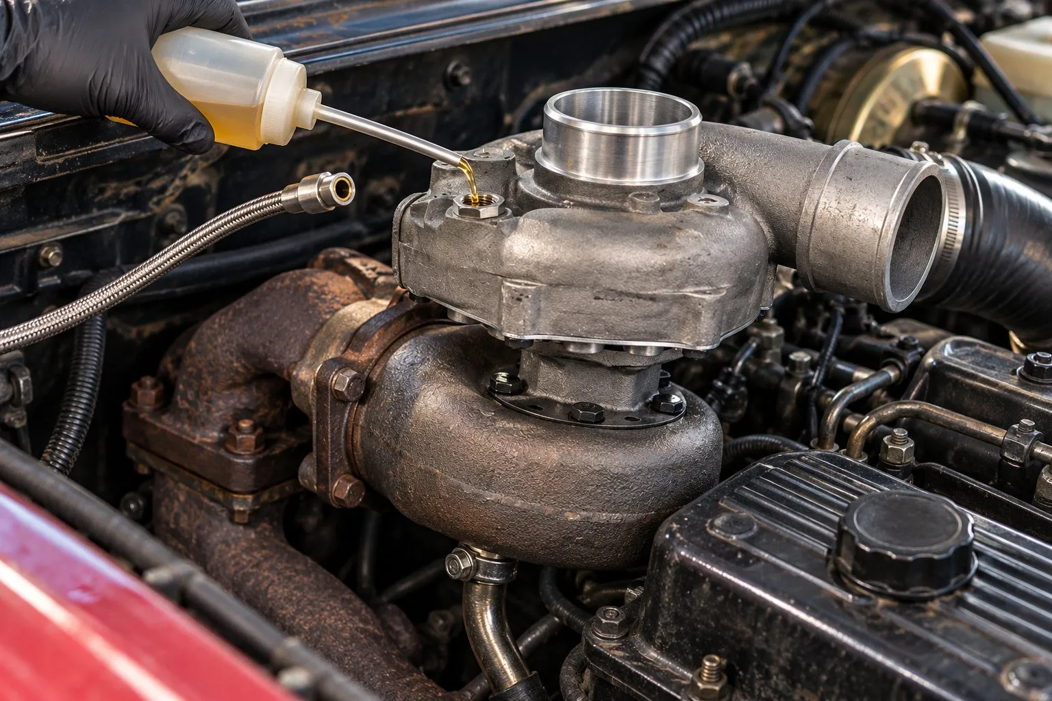Holset H1C Turbocharger: Classic 5.9L Cummins Specs & Replacement Guide 2 Clean engine oil being added to an H1C oil inlet before reconnecting the feed line