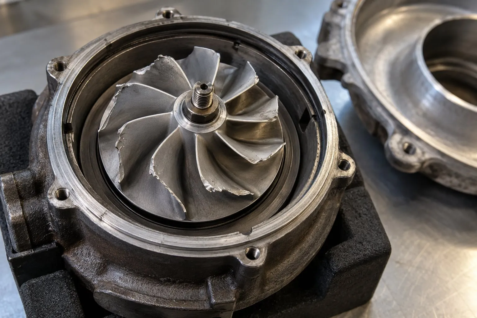Turbocharger Warranty Guide: What Is Covered and What Voids Your Warranty 1 Close inspection of a diesel turbo compressor wheel with chipped and bent blade edges from debris