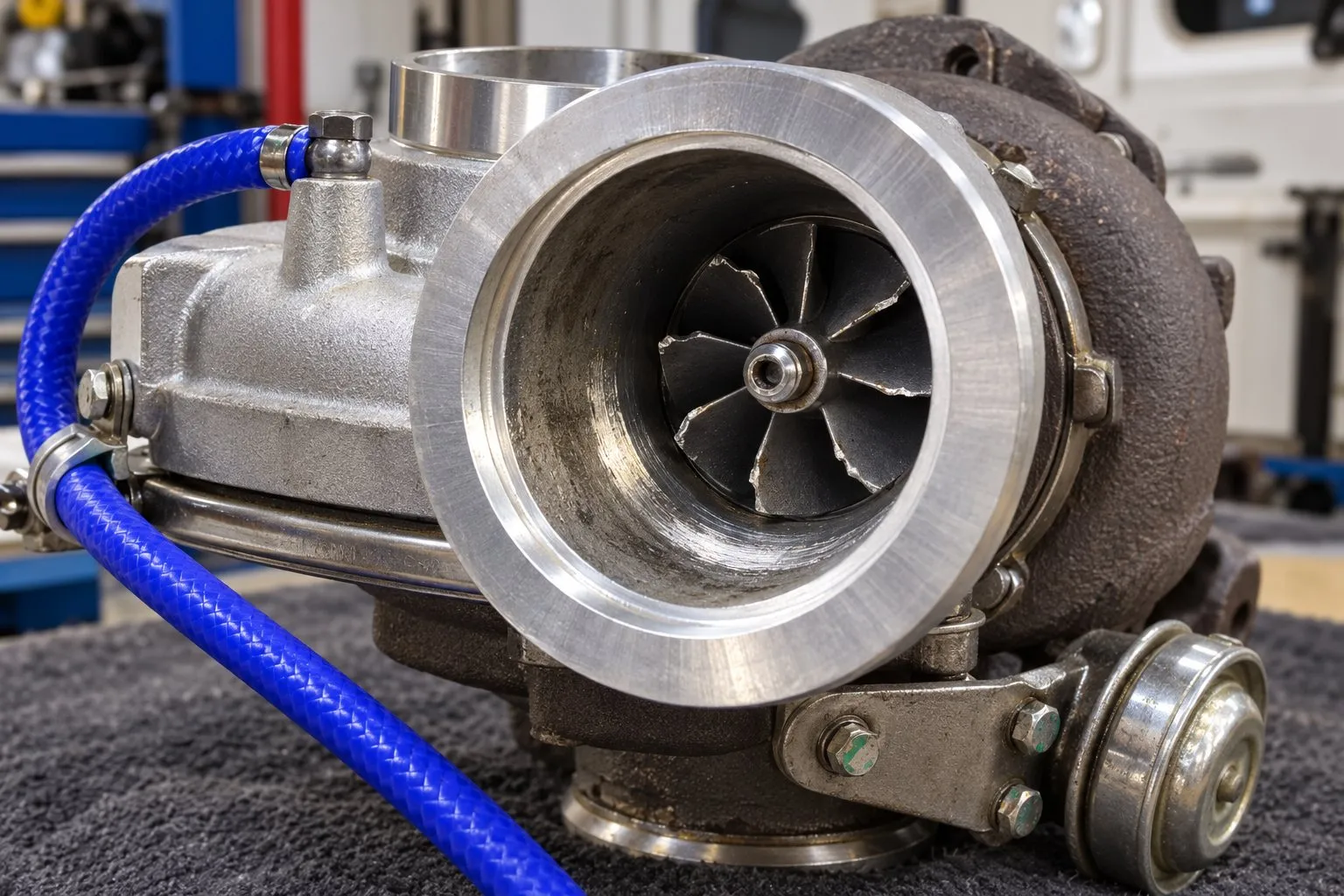 BorgWarner K31 Turbocharger: MAN, Mercedes-Benz & Volvo Penta Application Guide 1 Close inspection of a removed marine K31 showing compressor blade damage and wheel-contact marks