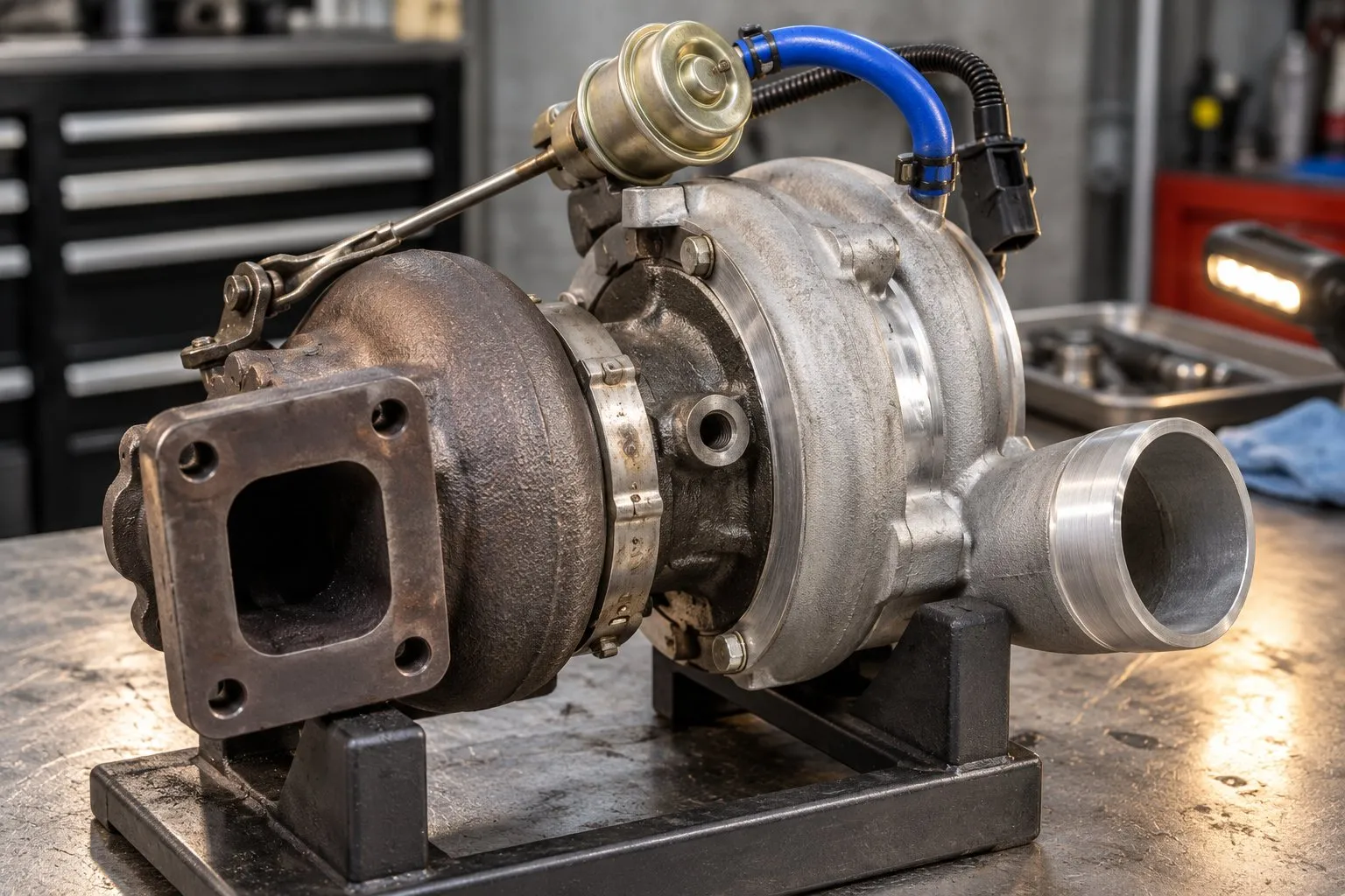 PT Turbo's Guide to Buying Turbocharger Parts Online: What to Avoid 1 Close-up inspection of an HE351CW core showing turbine casting texture and machined center-housing surfaces