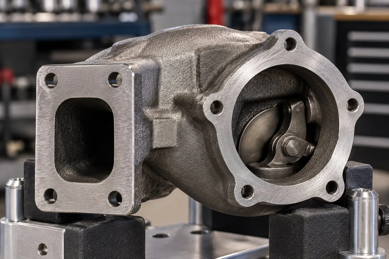 Turbocharger Housing Types: Divided, Undivided, T3, T4 & V-Band Flanges Explained 1 Close-up of a GT2871R turbine housing with its four-bolt T25 inlet and separate five-bolt exhaust outlet