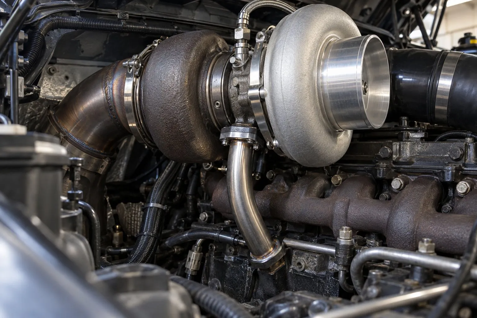 Garrett GT45 Turbocharger: High-Flow Diesel Applications & Sizing Reference 1 Close-up of a GT4508R center section and unobstructed downhill oil drain on a modified 5.9L Cummins