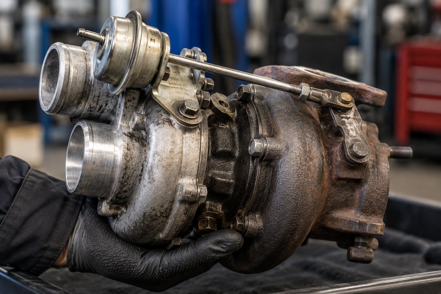 How the Turbocharger Core Return Process Works: What to Expect 3 Close-up of a pneumatic actuator and connected rod still attached to a used turbocharger core