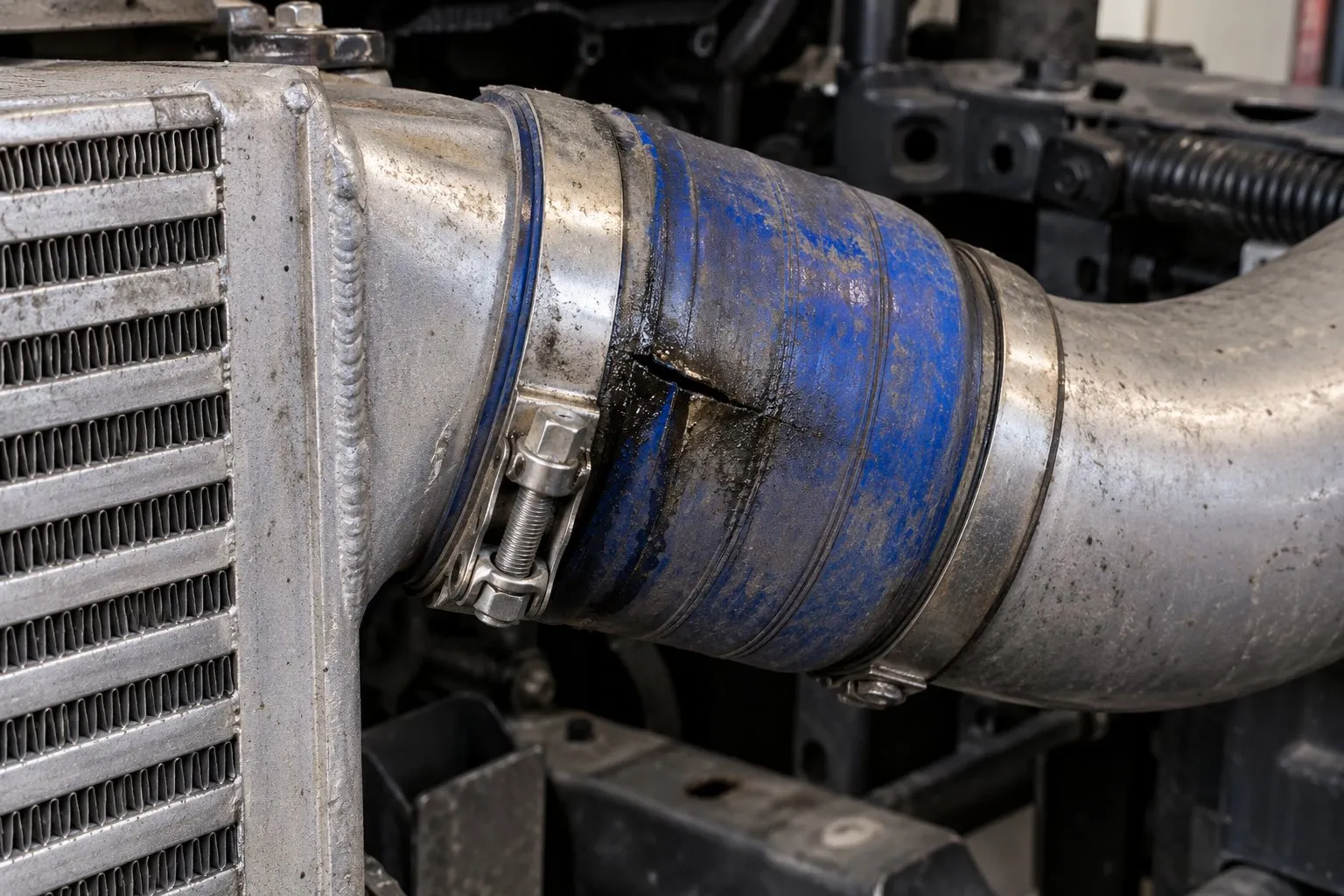 Intercooler Failure Symptoms: How a Bad Intercooler Damages Your Turbocharger 1 Close-up of a split intercooler boot with oily dirt collected around the leaking connection