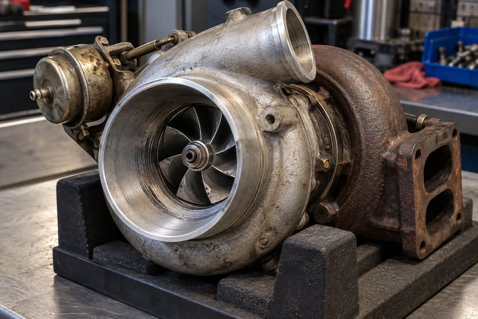 Garrett T04B Turbocharger: Classic Garrett Design & Modern Fitment 3 Close-up of a T04B compressor wheel with blade-tip damage and a rub mark inside the inlet housing