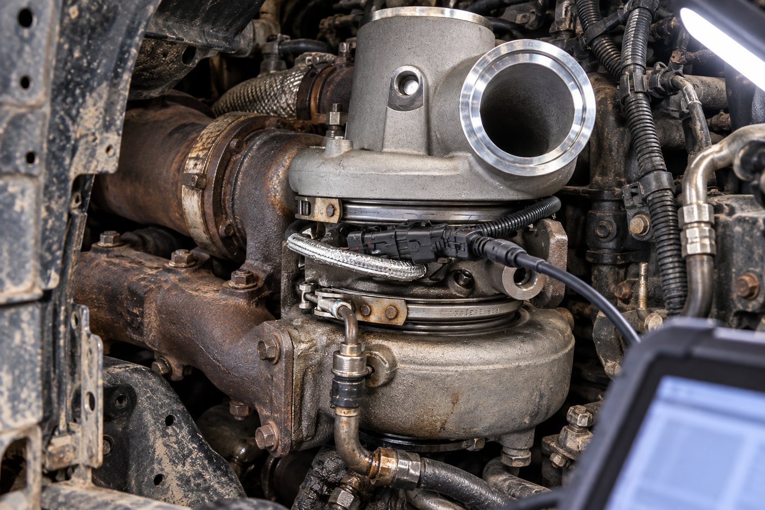 Turbocharger Rebuild Cost Breakdown: What You Are Actually Paying For 4 Close-up of an HE351VE electronic actuator connected for diagnosis on a Ram 6.7L Cummins