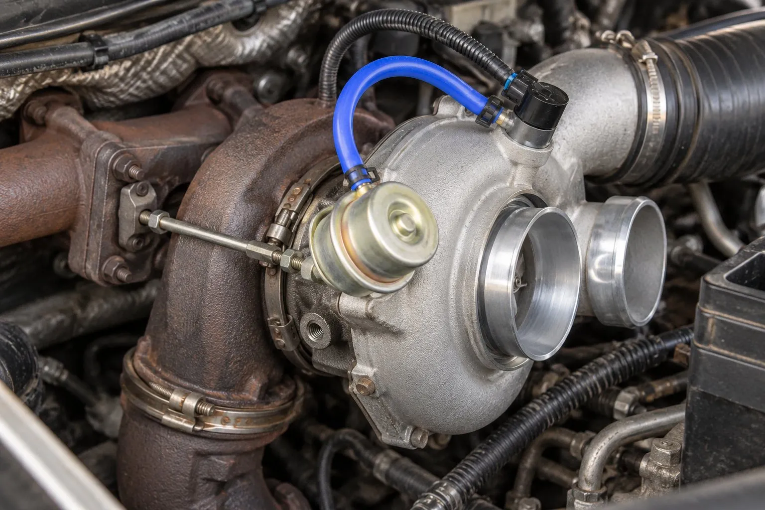 2003-2007 Ram 5.9L Cummins Turbocharger Guide: HY35W, HE341CW & HE351CW 1 Close-up of an installed HE351CW wastegate actuator, linkage and electrical control solenoid