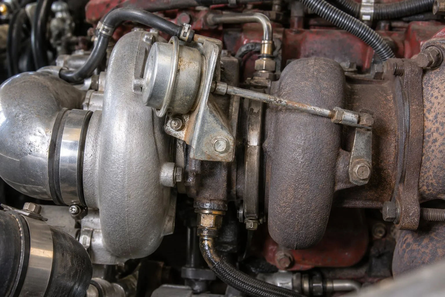 Holset HE400WG Turbocharger: Wastegate Application Guide for Cummins ISLe, Volvo/Mack & DAF Engines 3 Close-up of an installed HE400WG pneumatic actuator, boost hose, wastegate rod, and turbine-side lever.