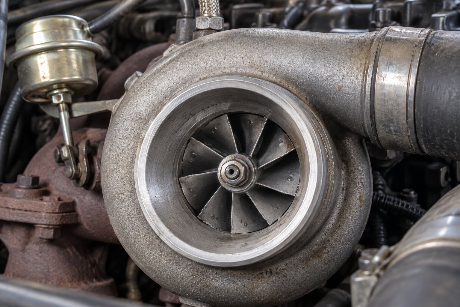 How to Spot a Counterfeit Turbocharger: Fake Holset, Garrett & BorgWarner Identification 3 Close-up of an installed HX35W compressor wheel with rough blade edges and casting defects