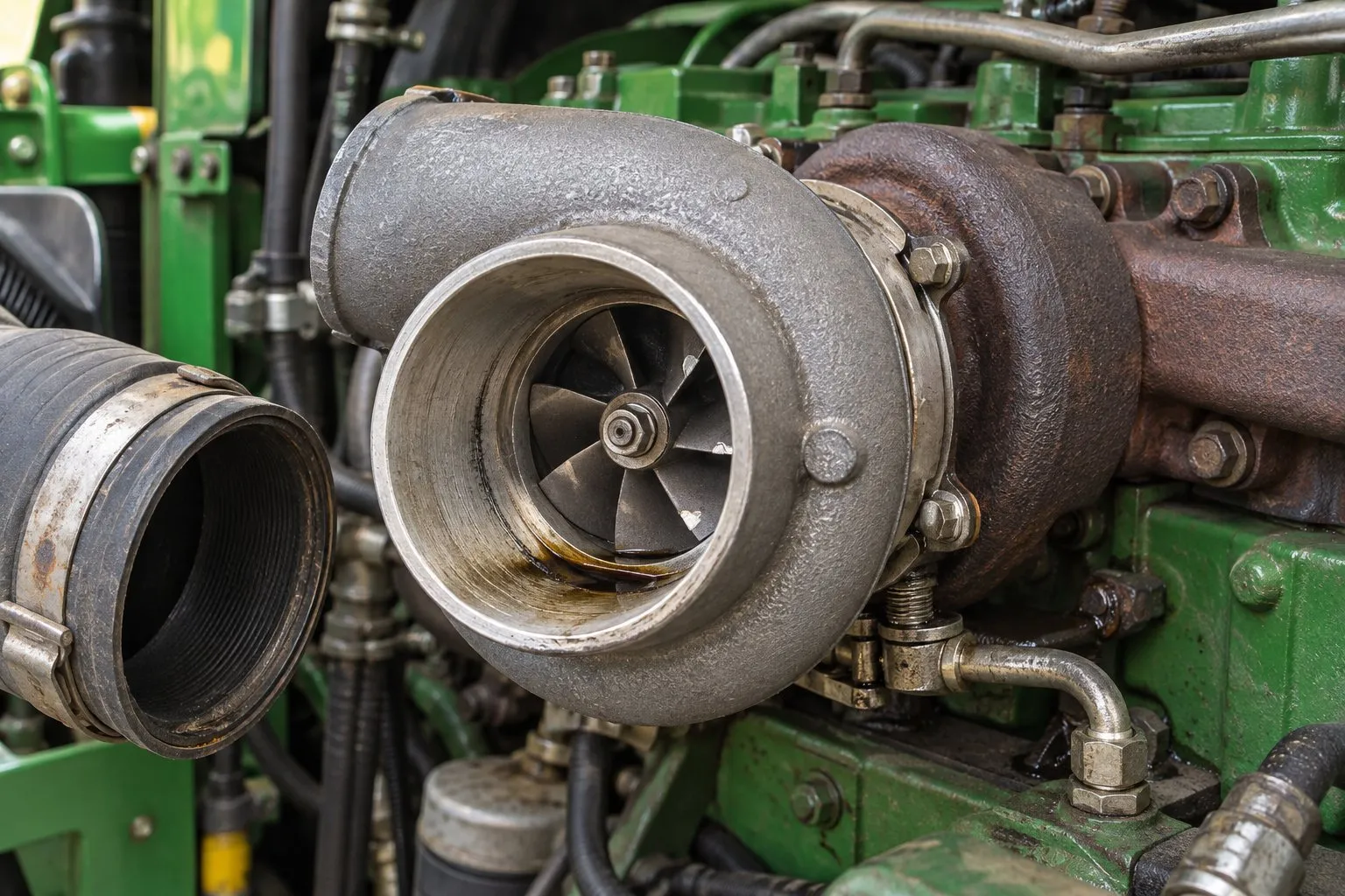 BorgWarner Schwitzer S2A Turbocharger: John Deere & Case Equipment Guide 3 Close-up of chipped S2A compressor blades and pooled intake oil on a John Deere 4045T engine