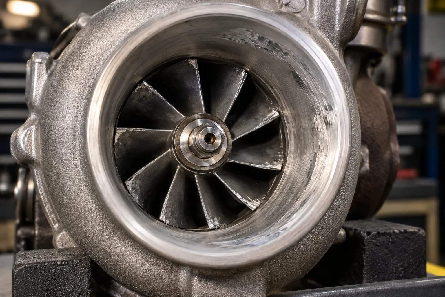 BorgWarner B2 CHRA: What It Fits and When to Replace vs Full Turbo 3 Close-up of compressor blade contact marks and scoring inside a failed turbo’s compressor housing
