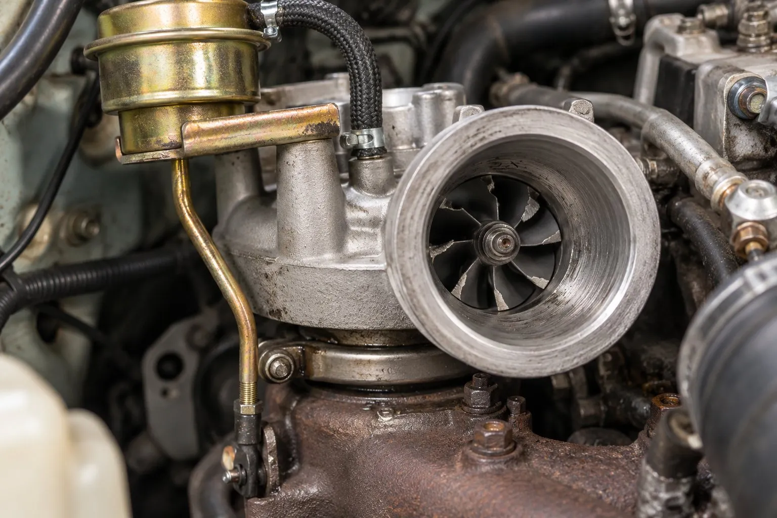 Mitsubishi TF035 Turbocharger: Diesel & Gasoline Applications Guide 1 Close-up of compressor blade damage and housing contact inside an installed Pajero TF035 turbo