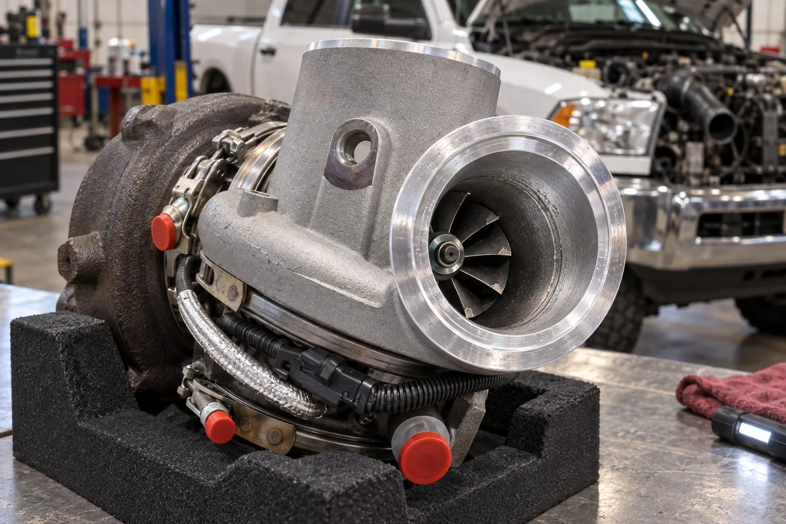 How to Remove a Turbocharger on a 6.7L Cummins: Ram 2500 & 3500 Step-by-Step 2 Close-up of compressor blade damage and housing rub marks on a removed HE351VE turbo