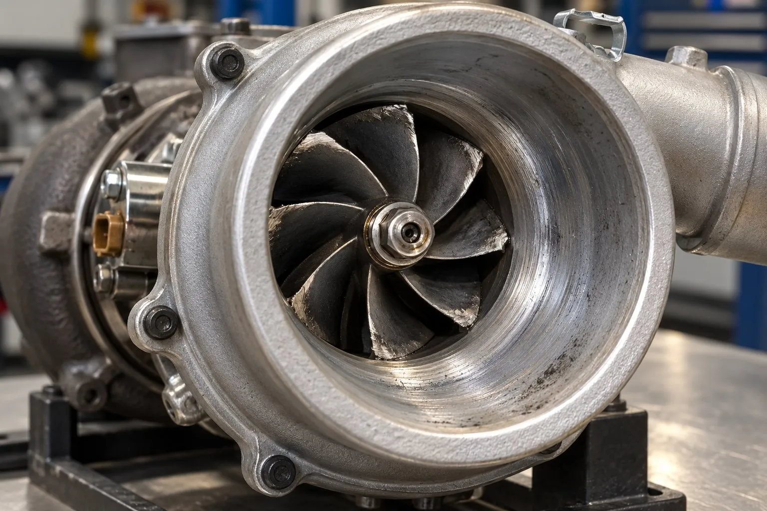 Turbo Whine on Ford 6.0L Powerstroke: Normal Noise vs Bearing Failure Guide 1 Close-up of compressor blade-tip damage and housing rub marks on a Ford 6.0L GT3782VA