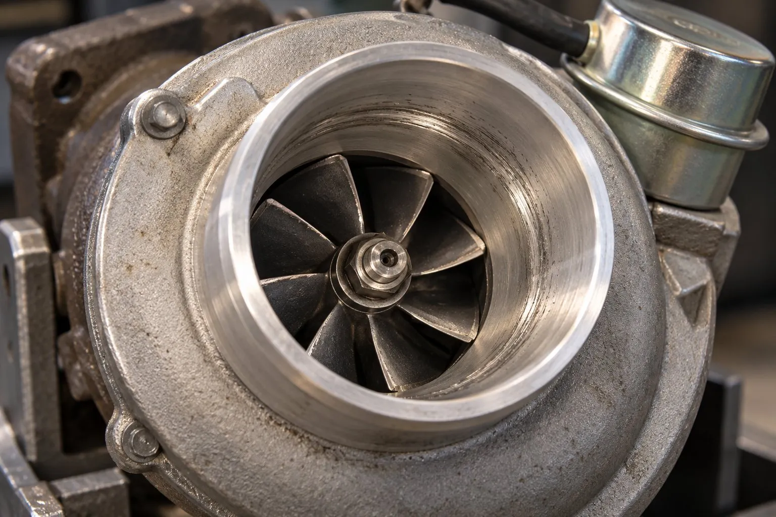 Garrett GT25 Series Turbocharger: Light Diesel Application & Fitment Guide 3 Close-up of compressor wheel contact damage inside a Garrett GT2556 turbo inlet