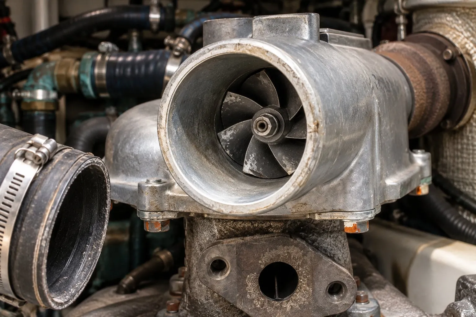 IHI RHB5 Turbocharger: Small Diesel & Marine Application Guide 1 Close-up of corroded compressor blade edges inside an installed IHI RHB52 marine turbo