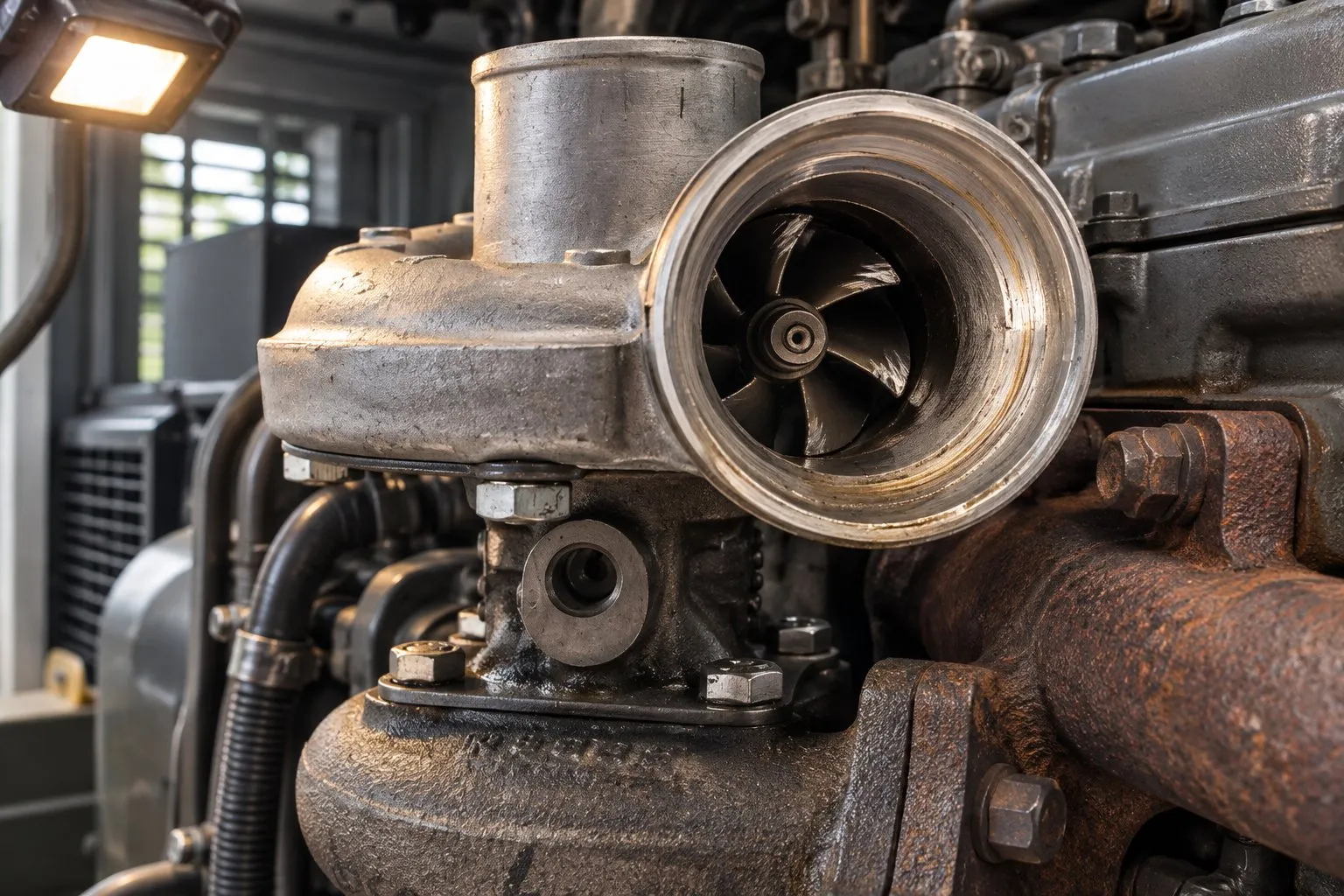 BorgWarner Schwitzer S1B Turbocharger: Agricultural & Industrial Applications 3 Close-up of S1B compressor blade damage and housing rub marks with the intake hose removed