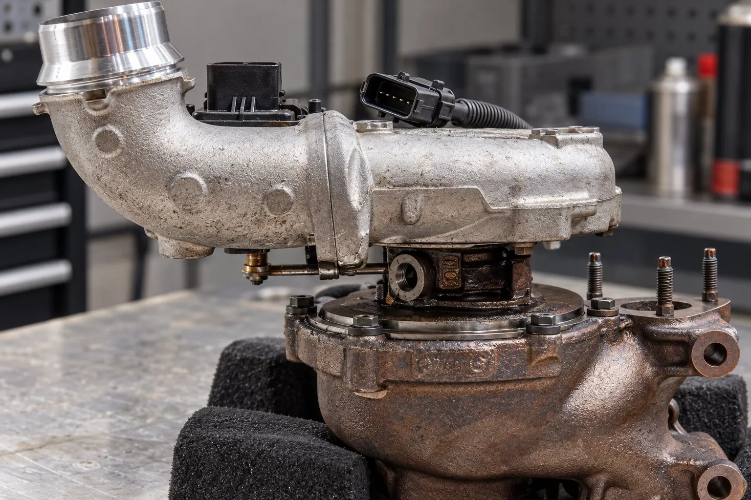 Jeep Grand Cherokee EcoDiesel Turbocharger Guide: 3.0L VM Motori Replacement 1 Close-up of the electronic actuator and external vane linkage on an EcoDiesel GTB2056VKL turbo