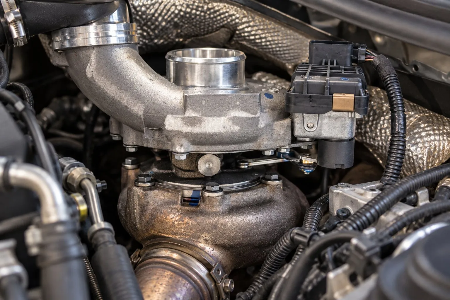 Mercedes OM642 Turbocharger Guide: Sprinter, E350d, ML350 & GL350 Replacement 3 Close-up of the electronic actuator and vane linkage on a Sprinter OM642 GT2056V turbo