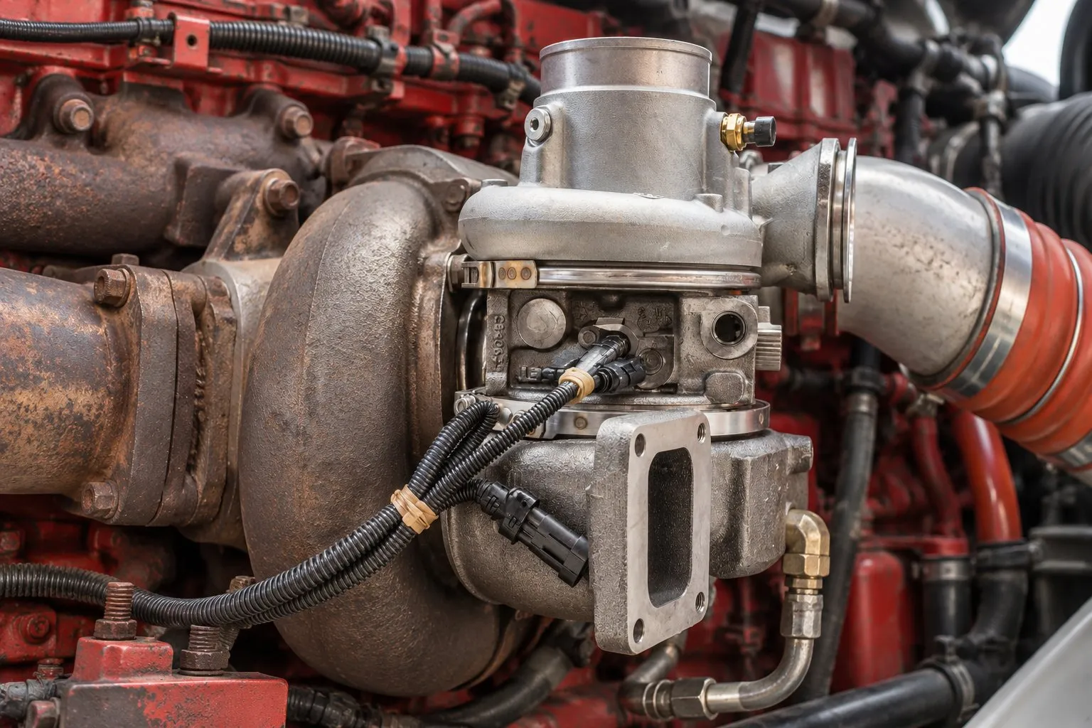 Holset HE451VE Turbocharger: Cummins ISX15 Application Guide 3 Close-up of the electronic VGT actuator and connector on an installed Holset HE451VE turbo
