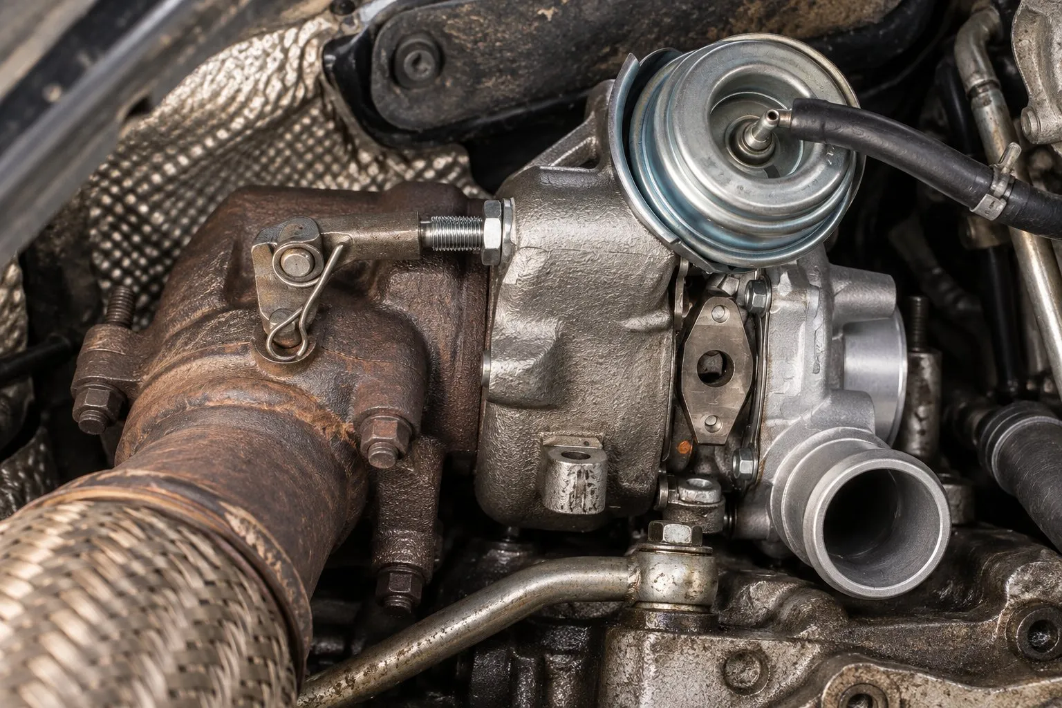 Garrett GT1749V Turbocharger: VW TDI & Audi A4 Common Failure & Replacement 4 Close-up of the GT1749V replacement vacuum actuator, threaded rod, locknut, and VNT lever