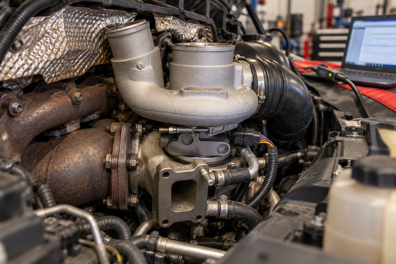 P0299 on 6.7L Cummins: HE300VG vs HE351VE Turbo Diagnosis Guide 4 Close-up of the HE300VG electronic actuator and coolant connections on a 2018 Ram 3500 6.7L Cummins.
