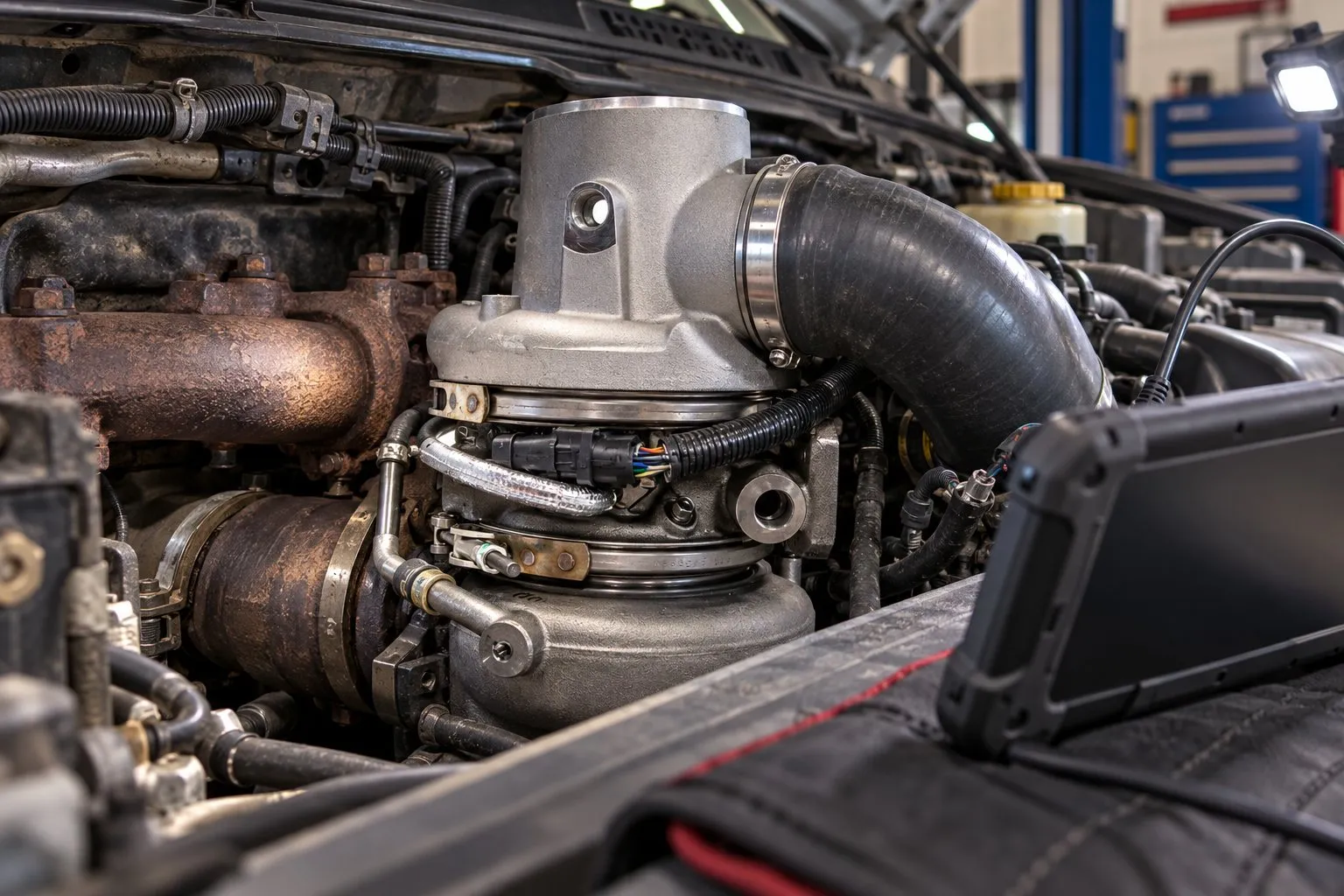 P2263 Turbo Boost System Performance Code: Full Diagnosis for Diesel Engines 4 Close-up of the HE351VE electronic actuator and connected diagnostic tool on a Cummins Ram