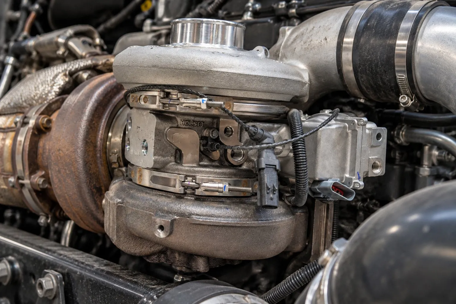 Holset HE531VE Turbocharger: PACCAR MX-13 & Detroit Series 60 Application Guide 2 Close-up of the HE531VE electronic actuator and wiring on an installed PACCAR MX-13 turbo