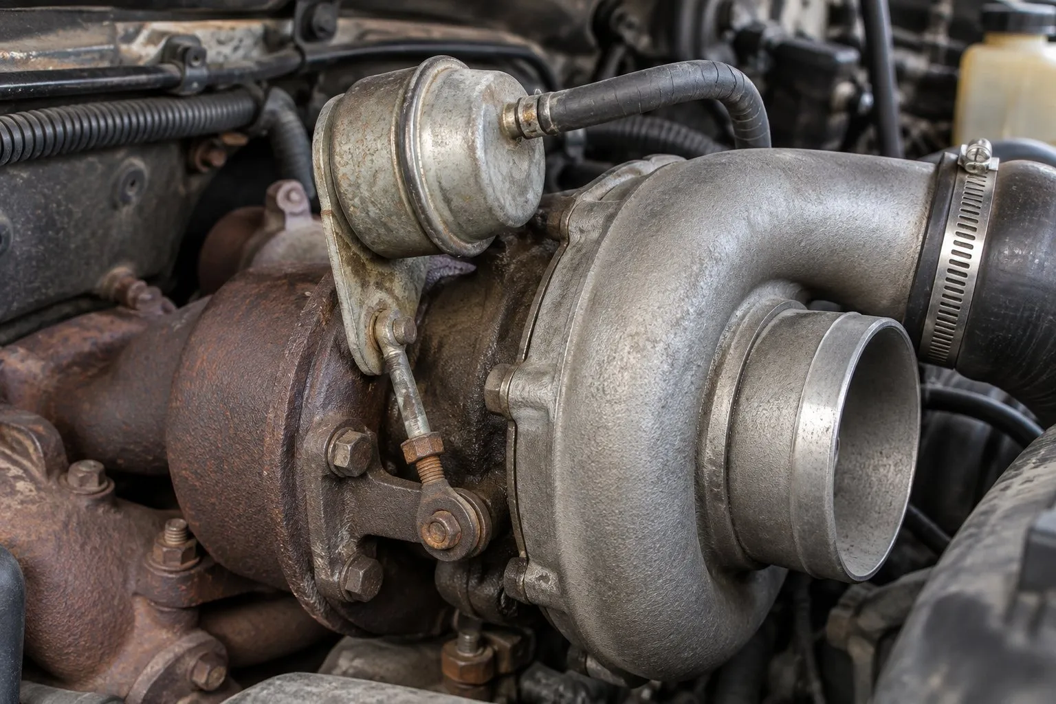 Holset HX35W Turbocharger: Wastegate Version for Cummins 5.9L Explained 3 Close-up of the HX35W pneumatic wastegate actuator, cracked boost hose, and corroded linkage