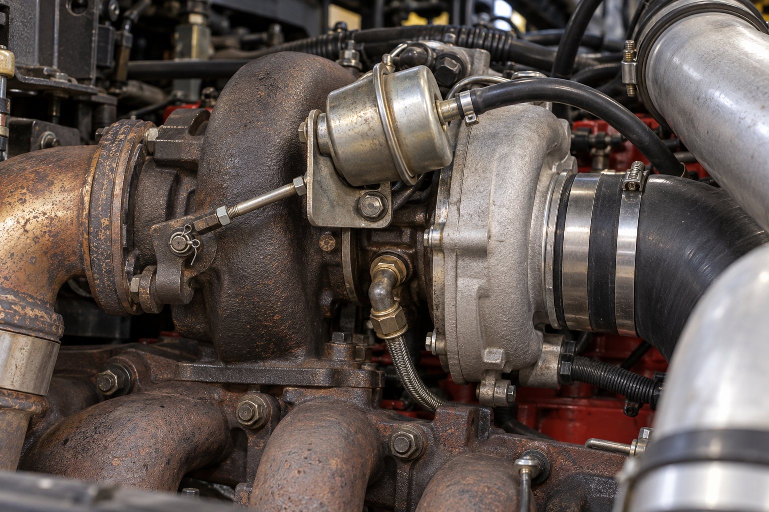 Stage 1 vs Stage 2 Turbocharger Upgrades for Diesel Trucks: When It Makes Sense 3 Close-up of the HX40W wastegate actuator, pressure hose and linkage on a Cummins ISC engine
