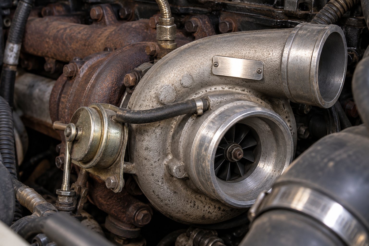 Finding a Turbocharger for a Discontinued Engine: What Are Your Options? 1 Close-up of the identification plate location on an installed Cummins HX35W turbocharger